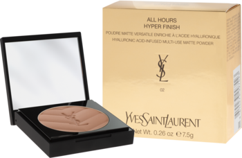 YSL All Hours Hyper Finish puder matujący z kwasem hialuronowym, otwarty kompakt z lusterkiem i złote pudełko.
