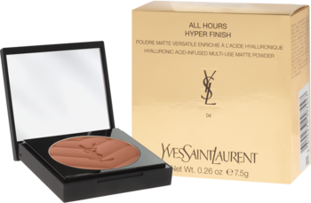 Yves Saint Laurent All Hours Hyper Finish Powder: otwarty czarny kompakt z terakotowym pudrem i złotym opakowaniem.