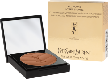 Yves Saint Laurent All Hours Hyper Bronze Golden Medina: otwarty brązowy puder w czarnej puderniczce z lusterkiem i złote pudełko.