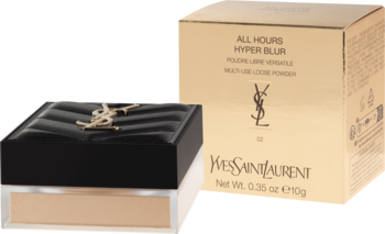 Puder sypki YSL All Hours Hyper Blur: złote opakowanie zewnętrzne i czarny pojemnik ze złotym logo YSL.