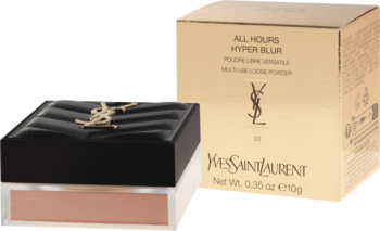 YSL All Hours Hyper Blur, transparentny puder sypki w czarnej kasetce, obok złotego pudełka.