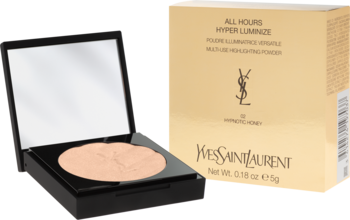 Rozświetlacz YSL All Hours Hyper Luminize Hypnotic Honey: otwarty czarny kompakt z pudrem, obok złote pudełko.