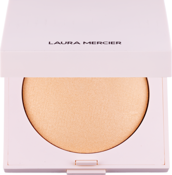 Laura Mercier Real Flawless Luminous Pressed Powder w otwartym białym kompakcie, widoczny rozświetlający, beżowo-złoty puder.