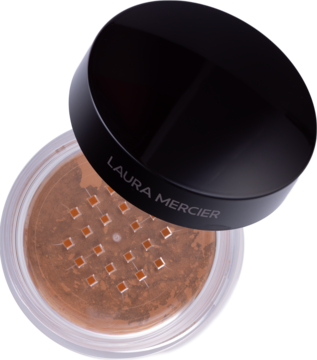 Otwarty sypki puder Laura Mercier Translucent Loose Setting Powder w ciemnym odcieniu, czarna nakrętka obok.