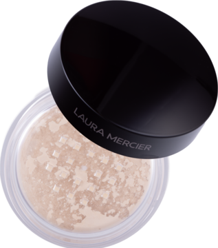 Laura Mercier Translucent Loose Setting Powder, otwarte opakowanie z jasnym pudrem sypkim i czarną nakrętką z logo.