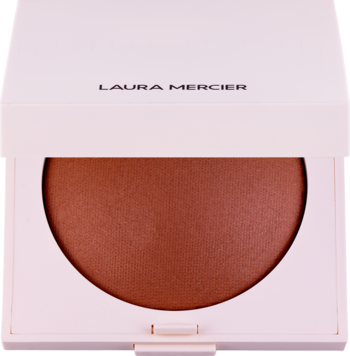 Laura Mercier Real Flawless Luminous, rozświetlający puder w beżowym kompakcie, otwarty, widok z góry, brązowy.