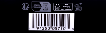 Tył opakowania pudru Laura Mercier Translucent Pressed Ultra-Blur z kodem kreskowym, FSC i symbolami recyklingu 5 lat, PAO 12M.