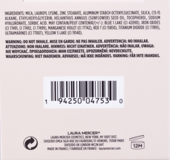Tył opakowania Laura Mercier Translucent Loose Talc-Free Setting Powder Ultra-Blur, ze składem i kodem kreskowym.