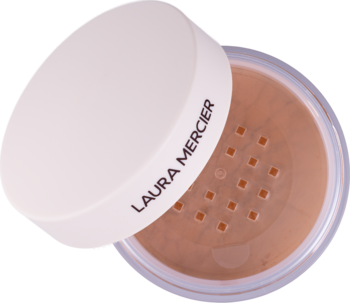 Otwarty słoiczek pudru Laura Mercier Translucent Loose Setting Powder, z białym wieczkiem i napisem, widok z góry.