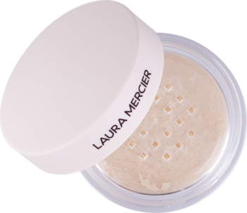 Laura Mercier Translucent Loose Talc-Free Setting Powder Ultra-Blur, transparentny w otwartym słoiczku, widok z góry.