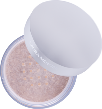 Laura Mercier Translucent Light Catcher, otwarty puder sypki, transparentny, z drobnym pyłkiem i jasnym wieczkiem.