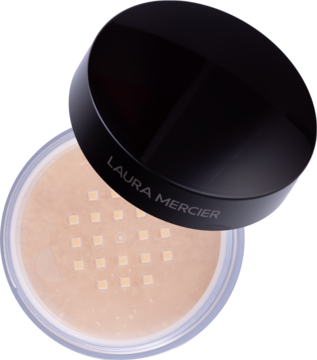 Laura Mercier Translucent Loose Setting Powder, transparentny, w otwartym słoiczku z sitkiem i czarną nakrętką.