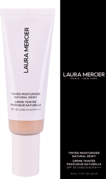 Laura Mercier Tinted Moisturizer Natural Dewy SPF 30 w beżowej tubce z białą zakrętką, obok czarne pudełko.