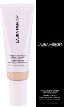 Laura Mercier Tinted Moisturizer Natural Dewy SPF 30 w beżowej tubce obok czarnego pudełka, widok z przodu.