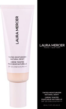 Laura Mercier Tinted Moisturizer Natural Dewy SPF 30, biała tubka obok czarnego opakowania produktu.