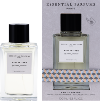 Dwie butelki perfum Mon Vetiver z haitańską wetywerią: jedna solo, druga w pudełku z wzorem geometrycznym.
