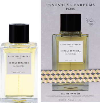 Essential Parfums Neroli Botanica, woda perfumowana w szklanej butelce i kartonowym opakowaniu z geometrycznym wzorem.