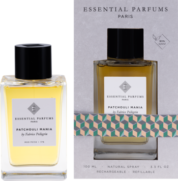 Perfumy Essential Parfums Patchouli Mania, bursztynowa butelka obok szarego opakowania z zielono-beżowym wzorem.
