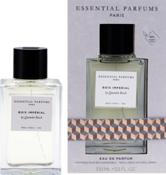 Bois Impérial woda perfumowana Essential Parfums, butelka z czarną nakrętką i szare opakowanie z wzorem.