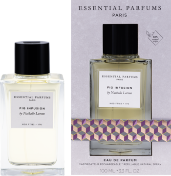 Essential Parfums Fig Infusion, woda perfumowana unisex. Butelka z czarną nakrętką obok fioletowo-szarego opakowania.