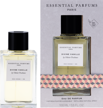 Perfumy Essential Parfums Divine Vanille unisex, butelka z czarnym korkiem, obok białe opakowanie z wzorem.