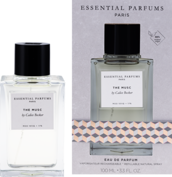Essential Parfums The Musc Eau de Parfum 100ml, prostokątna butelka z czarnym korkiem i pudełko. Widok z przodu, piżmowy zapach.