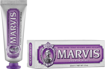 Marvis Jasmin Mint pasta do zębów w fioletowej tubce i pudełku, widok z przodu, podróżny rozmiar.