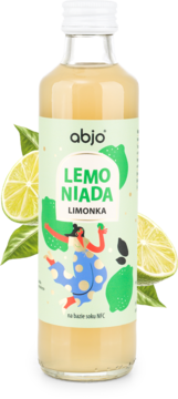 Abjo Lemoniada Limonka w szklanej butelce. Jasnozielona etykieta z tańczącą postacią i plasterkami limonki.