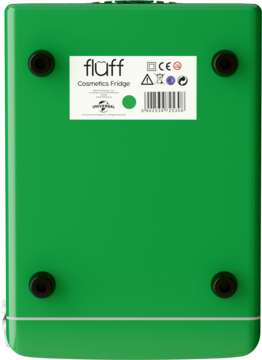 Tylna strona zielonej lodówki kosmetycznej Fluff z białym panelem informacyjnym i czarnymi nóżkami.