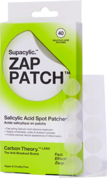Carbon Theory Supacylic Zap Patch, zielono-białe opakowanie z 40 plastrami z kwasem salicylowym, widok z przodu.
