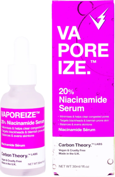 Biała butelka serum VAPOREIZE 20% Niacinamide z kroplomierzem oraz różowe opakowanie Carbon Theory. Widok z przodu.