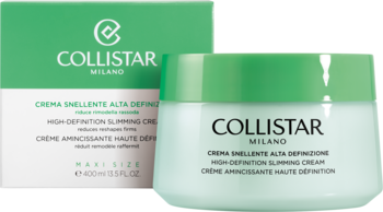 Collistar High-Definition Slimming Cream w zielonym słoiczku i biało-zielonym kartoniku. Widok z przodu.