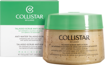 Collistar Anti-Acqua Talasso peeling do ciała w beżowym słoju z zieloną nakrętką, z pudełkiem z tyłu, widok z przodu.