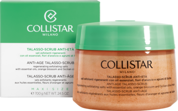 Collistar Talasso-Scrub Anti-Età, pomarańczowy peeling do ciała w słoiku, obok zielone pudełko, widok z przodu.
