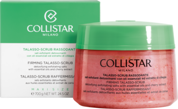 Collistar Talasso Rassodante ujędrniający peeling do ciała w czerwonym słoiku i zielonym pudełku, widok z przodu.