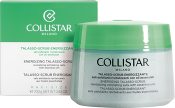 Jasnozielony peeling do ciała Collistar Talasso-Scrub Energizzante z solą morską w słoiku i pudełku, widok z przodu pod kątem.