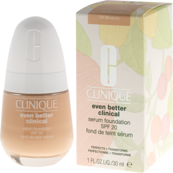 Matujący podkład Clinique Even Better Clinical SPF 20 w butelce Ivory i białym pudełku z liśćmi.