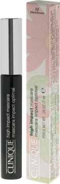 Clinique High Impact Mascara Black Brown, czarna tubka obok różowego pudełka z kwiatem, widok z boku.
