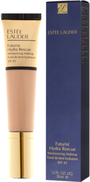 Nawilżający podkład Estée Lauder Futurist Hydra Rescue SPF 45, beżowo-złota tubka i granatowe pudełko, z przodu.