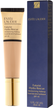 Estée Lauder Futurist Hydra Rescue nawilżający podkład SPF 45 w beżowej tubce i granatowym pudełku, z przodu.