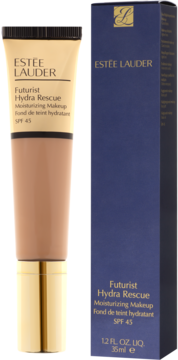Estée Lauder Futurist Hydra Rescue SPF 45 moisturizing makeup tube (beige, gold cap) and its navy box, frontal view.