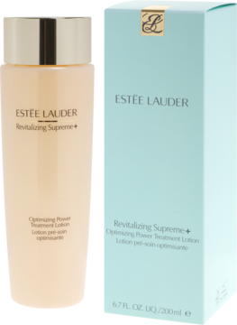 Złota butelka Estée Lauder Revitalizing Supreme+ Lotion, nawilżająca emulsja do twarzy, z jasnoniebieskim pudełkiem, widok z przodu.