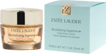 Estée Lauder Revitalizing Supreme+ Youth Power Cream: ujędrniający krem w złotym słoiczku i jasnoniebieskim pudełku, widok pod kątem.