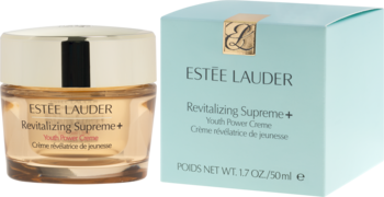 Estée Lauder Revitalizing Supreme+ krem ujędrniający, złoty słoik obok miętowego pudełka, widok z przodu.