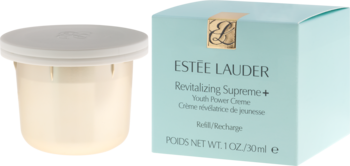 Estée Lauder Revitalizing Supreme+ Youth Power Cream, biały wkład obok jasnoniebieskiego opakowania 30ml.