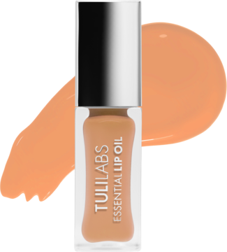 Olejek do ust Tuli Labs Caffe Latte w przezroczystej butelce ze srebrną nakrętką, otoczony beżowymi swatches.