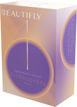 Beautifly OptiRelax Pro Smooth FitRecovery, pudełko fioletowo-pomarańczowe, widoczne z przodu i boku.