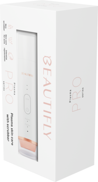 Beautifly B-Plasma PRO, urządzenie do peelingu kawitacyjnego, w białym opakowaniu z różowozłotym tekstem, widok z ukosa.