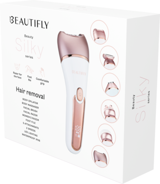Depilator Beautifly Beauty Silky 6w1, biało-różowe złoto, obok białego pudełka z 5 wymiennymi końcówkami. Ujęcie pod kątem.