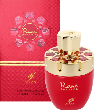 Afnan Rare Passion woda perfumowana w czerwonym flakonie ze złotym korkiem i ażurowym wzorem, obok opakowanie.
